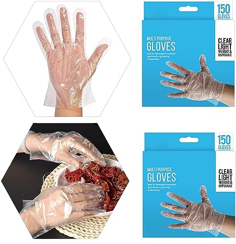 HOVUK 300Pcs Disposable Clear Polythene Gloves – Lightweight, Multi-Purpose, for Cleaning, Cooking, Food Prep, Adults & Kids, Household & Restaurant Use