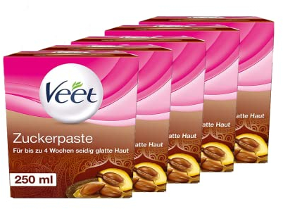 Veet Sugaring Zuckerpaste mit Arganöl zur Haarentfernung für spürbar glatte Haut für bis zu 4 Wochen, 5 x 250 ml