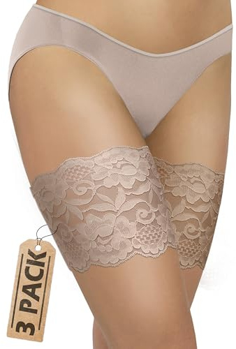 Sesto Senso 3 Pares Cordón y Sexys Bandas Femeninas para los Muslos Contra Rozaduras con Bandas de silicona de soporte en el interior Sabia Carne 65-70 L