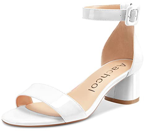 Aachcol Donna Cinturino alla Caviglia Sandali Chunky Blocco Medio Basso Tacco Heel Aperte sulla Punta Dress Scarpe Clear Cute 5 CM Bianco Verniciata 42 EU