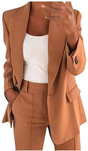 Générique Blazer Femme Manches Longues Élégant Slim Fit OL Bureau Affaires Veste De Costume Revers Devant Ouvert Manteau Cardigan Blouson Jacket Élégant Costume de Travail Couleur Unie (Marron, M)