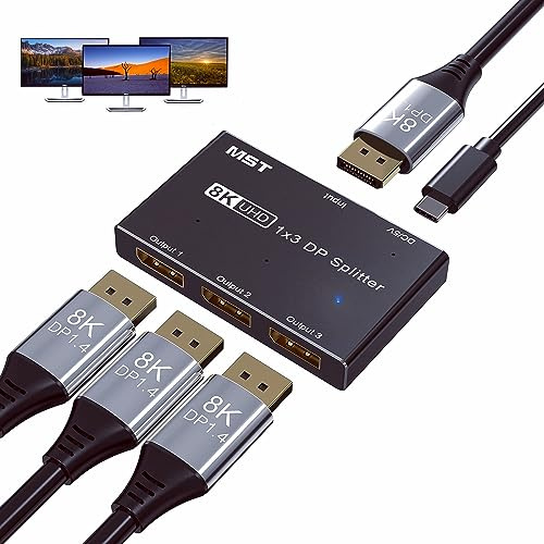 Displayport DP 1.4 Splitter Switch 8K@30Hz 4K@144Hz, 1 In 3 Out Displayport Switch, kompatibel mit verschiedenen Schnittstellen von Videoquellen und Displays