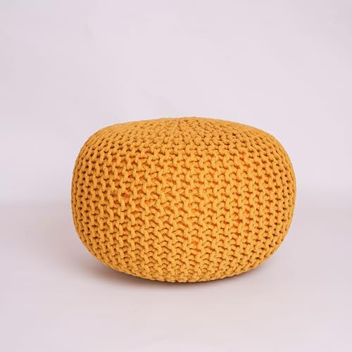 EXQUIZIT HOME Taburete redondo de punto otomano – Puf grande 100% algodón grueso tejido a mano con relleno de cuentas de poliestireno – Reposapiés suave y cómodo y asiento ocasional, 50 cm (mostaza)