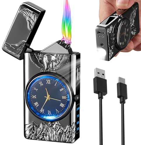 Elektrisch Plasma Feuerzeug: USB Aufladbar Lichtbogen Mit Uhr Und LED-Beleuchtungsfunktion, Winddicht Sturmfeuerzeug Mit LED Batterieanzeige - Geschenke Für Männer (Adler)