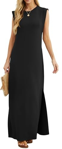 GRECERELLE Womens Summer Maxi Dress Casual Shirt Dresses Elegant Styles Basic Sleeveless Maxi Dresses for Women UK with Split and Pockets