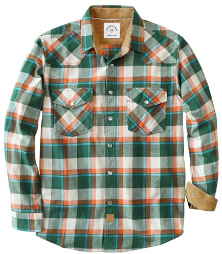 Dubinik® 6 oz Camisa Franela Hombre Western Vaquero Cuadros Camisas Manga Larga Camisa con Botones De Perlas Regular Fit Verde Oscuro Y Crema L