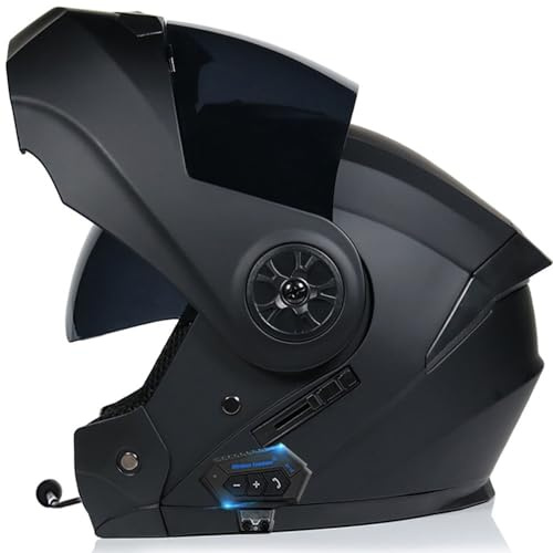 Modular Motorbike Helmet with Bluetooth and Microphone, Flip Up Front Motorcycle Helmet with Double Visor, DOT/ECE Approved Full Face Helmet, Crash Helmet for Automatic Answering