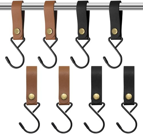 lyualma 8 Piezas Cuero en Forma de S Ganchos,Gancho de Campamento de Gancho Metálico Multifuncional para Abrigos, Toallas, Cocina(Negro, Marrón)