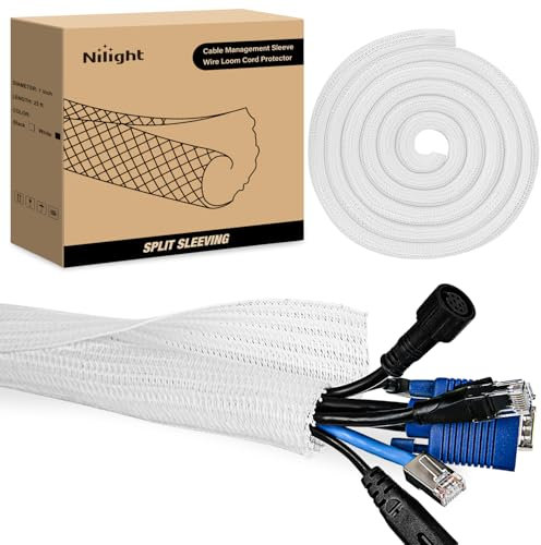 Nilight Cable Sleeve,25ft-1inch Cord Management Sleeves White Wire Loom