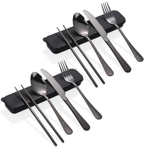 MICHIHOMIE Lot de 2 couverts de camping avec valise, couverts de voyage réutilisables et portables avec étui, en acier inoxydable avec cuillère, couteau, fourchette, baguettes pour pique-nique, voyage