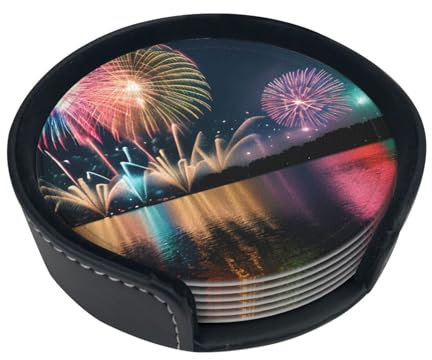 Set di 6 sottobicchieri rotondi con stampa di fuochi d'artificio, in pelle, resistenti al calore per tavolo.