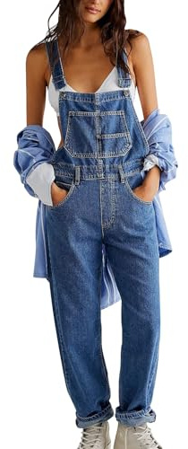 Denimoveraller för kvinnor – lös passform klassisk haklapp vardaglig jeans stretchig denim overall avsmalnande ben jeans byxor justerbara remmar overaller säckig bodycon overaller lång lekdräkt med