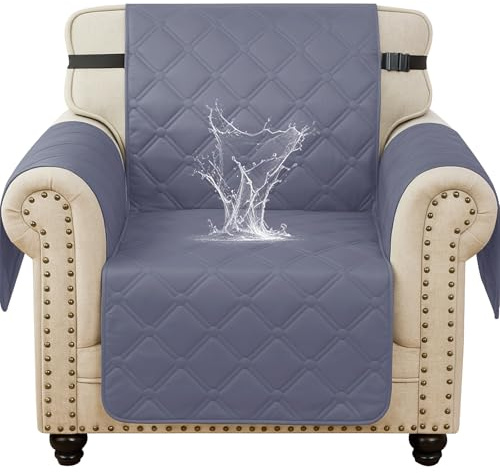 Ystyle Impermeabile Copripoltrona 1 Posto Con Braccioli, Estivo Copridivani Trapuntato Con Tasche, Copridivano Antigraffio Gatto, Copri Divano Salvadivano Antimacchia Antiscivolo, Blu Grigio