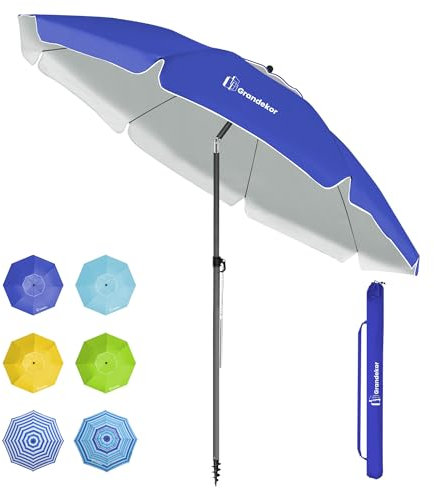 Grandekor Parasol de plage, parasol de jardin exterieur, UV50+, Ombrelle réglable en hauteur et inclinaison, Avec ancre de plage de 12cm, Pour plage, balcon & terrasse, 200cm, Bleu