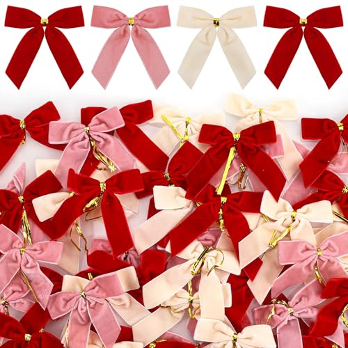 Zourglow 50 Piezas Lazos de Terciopelo, 12x10cm Arcos del Árbol de Navidad, Lazo Navideño para Decoración de Árbol de Navidad, Coronas, Regalos, Adornos (Rojo + Rosa + Beige)