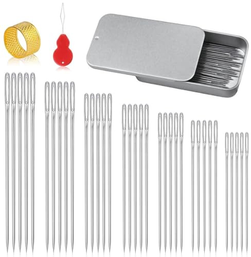 Muorruo 35 Stück Nähnadeln mit großem Öhr, 7 Größen, scharfe Nähnadeln zum Handnähen, Nadel für Lederstickgarn, Garnstricknadel aus Edelstahl mit Einfädler, Fingerhut zum Basteln