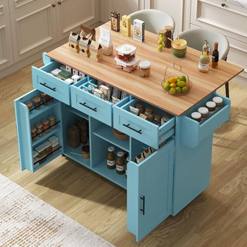 Oslghy Isla De Cocina Móvil con Ruedas, Carro de Cocina con Mesa de Comedor Extensible, Mueble Auxiliar de Cocina con Estantes Ajustables, Estante para Especias y 3 Cajones,139x 46-71x91,5cm (Blue)