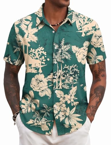 COOFANDY Camicie Hawaiane Uomo Maniche Corte Camicie Estive Casual Spiaggia vestibilità Regolare Camicia Tropicali Floreale Verde XXL
