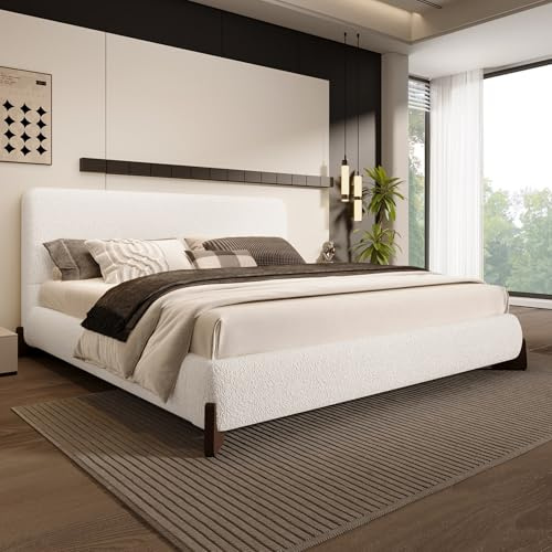 Merax Boucle King Bed, Upholstered Bed Frame and Headboard, Platform Bedframe, No Box Spring Required, Easy Assembly, White