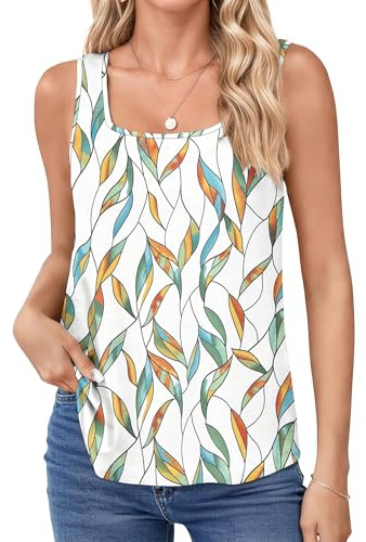 PLMOKEN Canotta Donna Senza Maniche Casual T Shirt Estivo Elegante Basic Top Donna Spalla Larga Camicia Magliette Smanicato Foglie Sfumate L