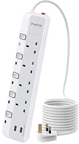 PARTH Extension Lead 5m with USB Slots Surge Protected Extension Cable Extra Long Heavy Duty Cord 4 Gang 5 Metre Plug Extension Socket 13A 3250W UK 4 Way 240V Wall Mountable Power Strip with Switches