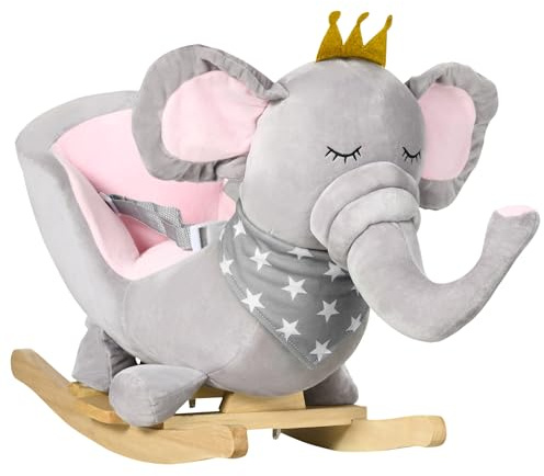 HOMCOM Baby Rocking Horse Plush Ride On Elephant Rocker with Sound Safety Belt Toddler Toy for 18-36 Months