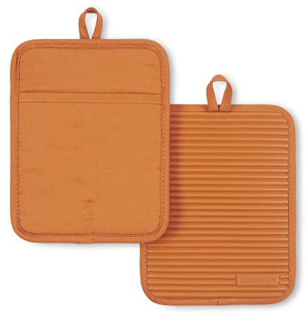 KitchenAid Ribbed Soft Silicone Pot Holder 2-Pack Set, Honey, 7x9