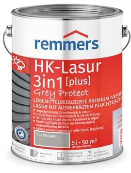 Remmers HK-Lasur 3in1 Grey Protect [plus] platingrau, matt, 5 Liter, Lösemittelreduzierte Premium-Vergrauungslasur für außen, 3in1, schnelltrocknend, langlebig