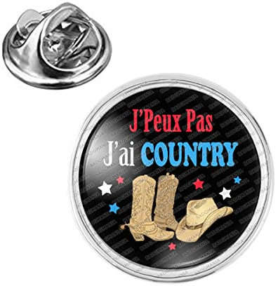 Badgmania Pin's Argenté 20mm J'Peux Pas J'ai Country - Santiag Chapeau fond noir Logo 18mm Pins Bouton Epinglette