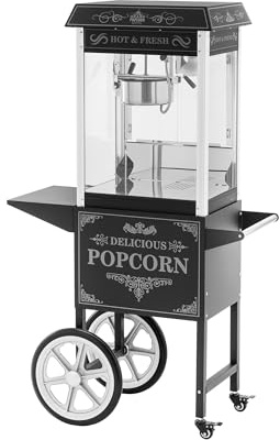 Royal Catering Macchina per popcorn con carrello, design retrò, 1500 W, 195/235 °C, 2 temperature per popcorn dolci e salati, nero