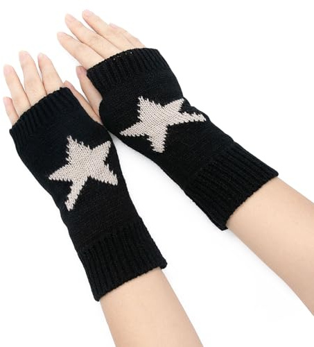 YAMEIZE Fingerless Star Printed Knitted Gloves - Wrist Warmers Y2K Mittens Knitted Gloves for Women Men Typing (Black)