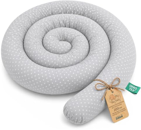 Totsy Baby Cojín Serpiente XXL Almohada de Cama Cojín de Lactancia Rollo de Cama Protector de Borde de Cama Cojín Decorativo Alrededor de Cama Serpiente XL Puntos Blancos sobre Gris 200 cm Oeko-Tex