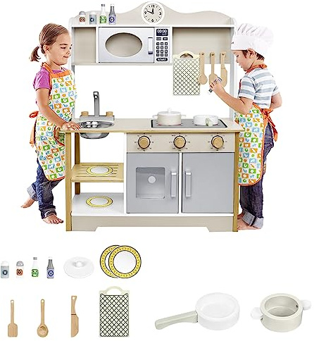 HENGMEI Cuisine pour enfants - Ensemble de jouets de cuisine en bois pour bébé - Avec accessoires en bois - Micro-ondes - Évier - 65 x 24 x 85 cm - Type A