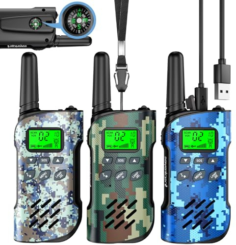 Inspireyes Walkie Talkie Niños Recargable con brújula,48 Horas de Tiempo de Trabajo,3 kilómetros de Largo Alcance, Regalos de Cumpleaños,Juguetes al Aire Libre para niños de 3 a 12 años,Paquete de 3