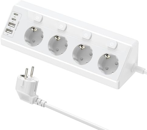 Hörnuttag med 2 USB och 2 Typ-C, 4-vägs multiuttag med enkel strömbrytare, grenuttag med 2 m förlängningskabel för skrivbord, hörn, vit