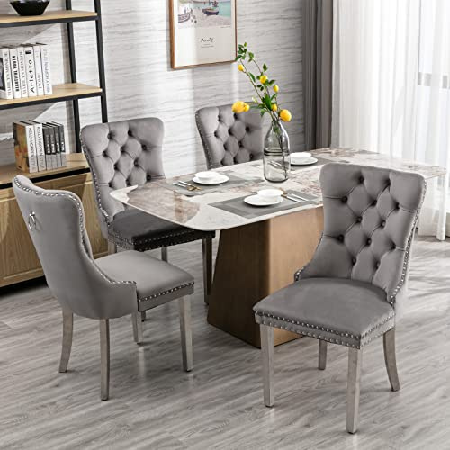 HomeTouch Luxury Velvet Kitchen Dining Chairs with Chrome Steel Legs Set of 4 Upholstered Knocker Wing Back Accent Chairs for Dining Room, Hand Made (4, GreySteel)