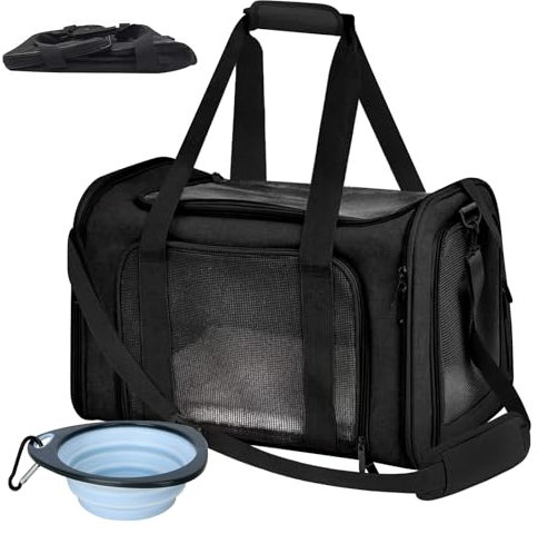 BYZESTY Transportbox Katze Hund Katzentransportbox Hundebox Faltbar Hundetransportbox Katzen Transportboxen Hundetasche Katzenbox Katzentransporttasche Inkl. Hundenapf, 42 x 27 x 28 cm (Schwarz 2)