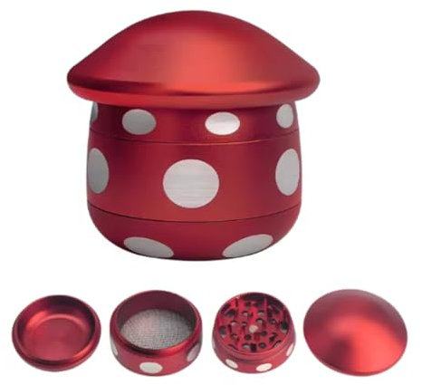 Red Mushroom Shaped Aluminium Herb Grinder, 60 x 60mm, 4 Pieces, Magnetic Top with Sifter,