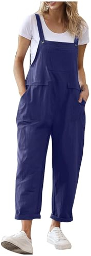 Damhängselbyxor avslappnade säckiga overaller med ficka sommar ärmlös linne overaller för kvinnor Storbritannien enkel lätt knappremmar haklapp byxor mode jumpsuit