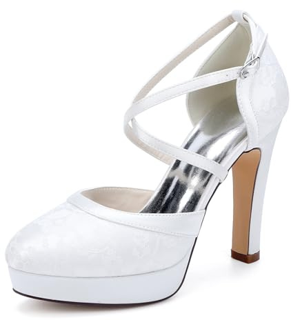 Donna Incrociate Cinturino alla Caviglia Vestito da Sposa Décolleté con Fibbia Punta Tonda Plateau Scarpe da Sposa Tacco A Blocco Alto Pizzo Scarpe da Ballo Festa Serale,Bianca,35 EU
