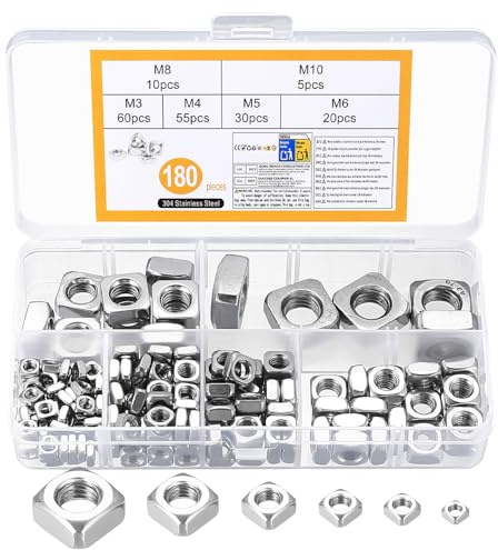 180 Stück Vierkantmuttern,Edelstahl Quadratmuttern, Gleitmuttern, Einlegmutter, Einlegemuttern Sortiment Set, Gewindemuttern, quadratisch Schraubenmuttern, Vierkantmutter M3 M4 M5 M6 M8 M10 Muttern