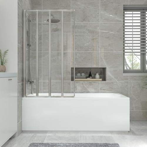 NRG 1700x700mm Bathroom Acrylic Straight Bath Bathtub + Chrome 4 Panel Folding Bath Screen with White Front Panel