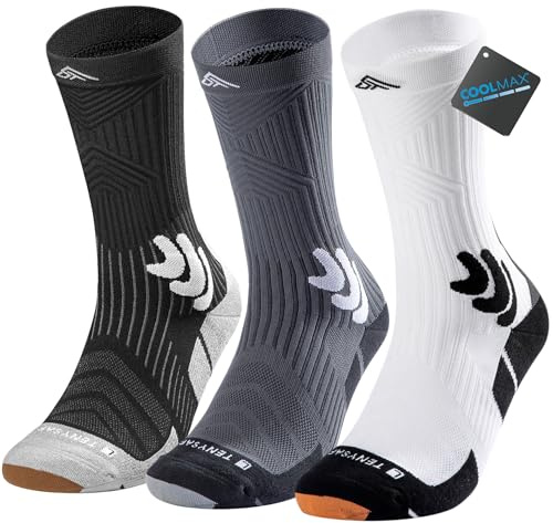 Lounwee Compression Running Socks for Men: 3 Pairs Coolmax Crew Socks with Moisture Wicking Anti-Blister Cushion for Athletic Hiking