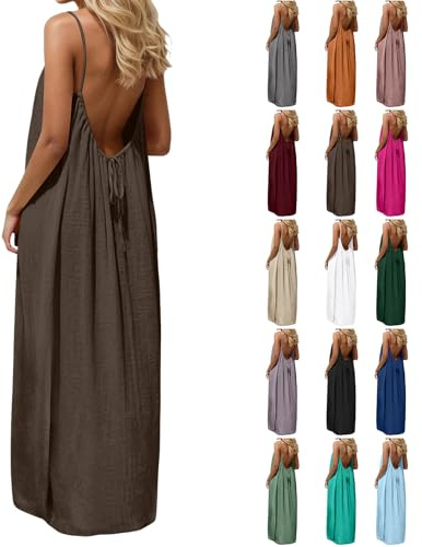 Womens Backless Cami Dresses Cami Lounge Dress Backless Solid Color Sleeveless House Dress Long Sundress with Back Tie Ladies Casual Maxi Loose Fit Beach Dresses Summer Holiday Tunic Sundress S-5XL
