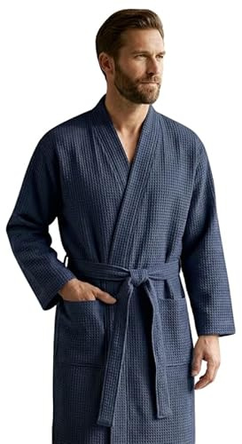 Mens Waffle Bathrobe Cotton Dressing Gown Lightweight Towelling Housecoat Long Sleeve Belted Lounge Robe Soft Breathable Nightwear M,L,XL
