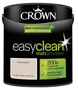2.5L CROWN Easy Clean MATT Emulsion Multi Surface Paint That can be Used on Walls, Ceilings, Wood and Metal. Stain & Scrub Resistant Formula – White Pepper