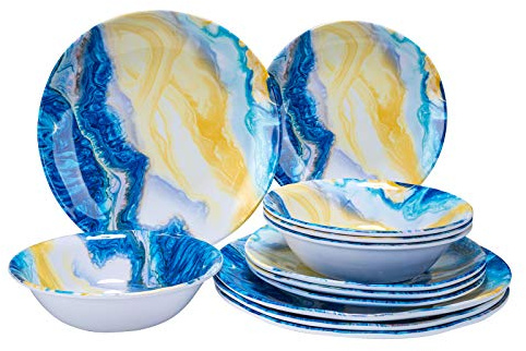 Topmela 12 Pcs Melamine Dinnerware Set - Indoor and Outdoor Durable Plastic Dishes Dishware，Melamine Dinner Plates and Bowls Sets Service for 4，Lightweight Unbreakable（Landscape Painting）