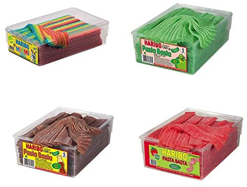 4 Dosen Haribo Pasta Basta Sour Set, 4 Sorten,Erdbeer,Apfel,Cola,Miami, Fruchtgummi, 4 x 1125g