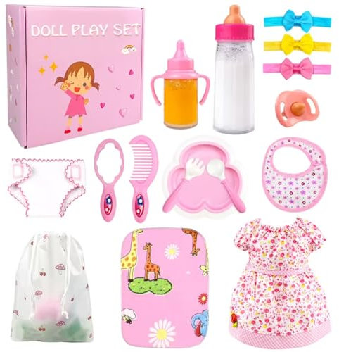 Baby Puppe Zubehör - Babypuppe Fütterung und Pflege Set mit Flaschen Puppe Windel und Wickelauflage, Puppenzubehör Puppenkleidung passen 14-16 Zoll 18 Zoll und 43 cm Puppe für Mädchen Geschenk