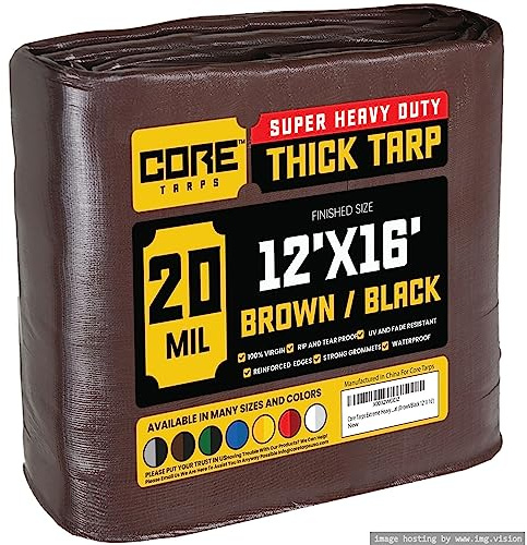 Core Tarps Extreme Heavy Duty 20 Mil Tarp Cover, Waterproof, UV Resistant, Rip and Tear Proof, Poly Tarpaulin with Reinforced Edges for Roof, Patio, Pool, Boat (Brown/Black 12′ X 16′)
